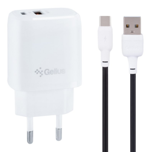Сетевое зарядное устройство Gelius X-Duo GP-HC014 QC3.0/PD20W USB+Type-C White + кабель Type-C Gelius Full Silicon (18W) Black/White